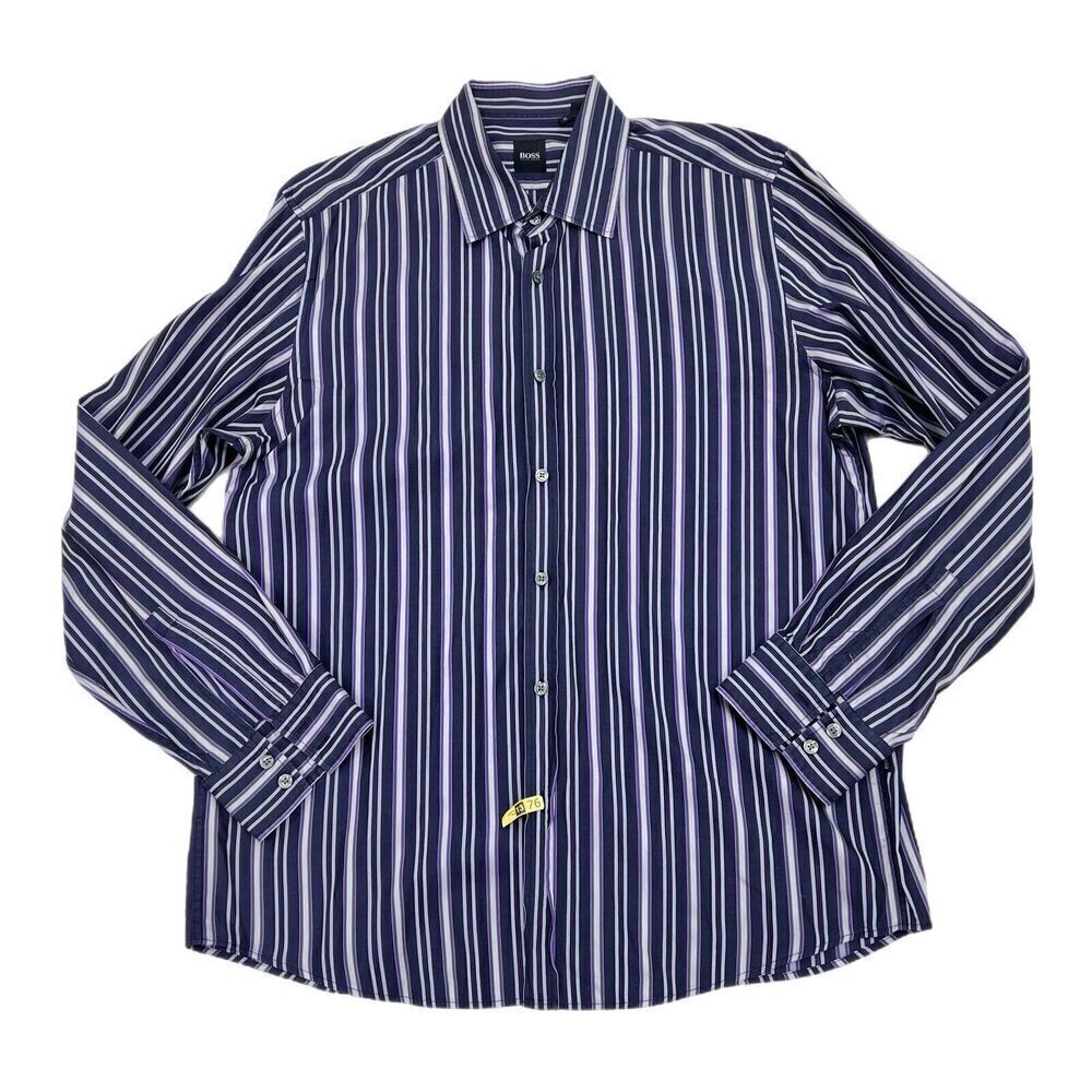 Hugo Boss Button Down Long Sleeve Dress Shirt Men XL Striped Purple Cotton